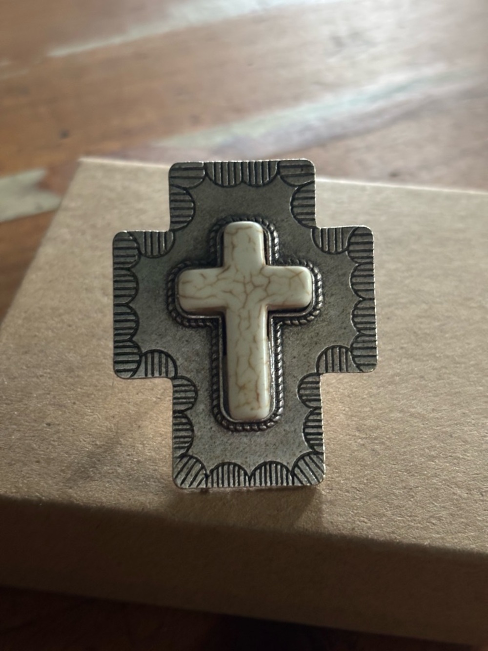 Tibetan Silver Statement Cross Adjustable Ring Accented with Bone Inlay